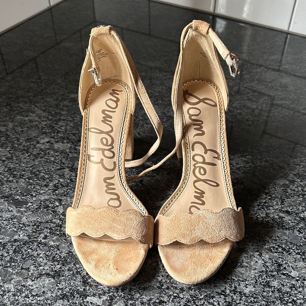 Sam Edelman Tan Suede Scalloped Ankle-Strap Heels